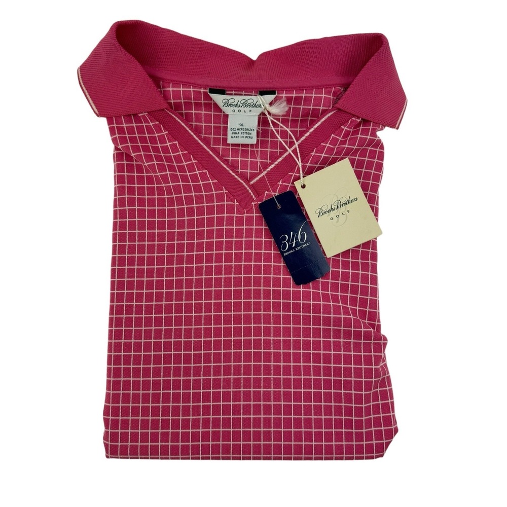 NWT Brooks Brothers Golf Pink w/ White Check Short Sleeve Cotton Polo Size XL